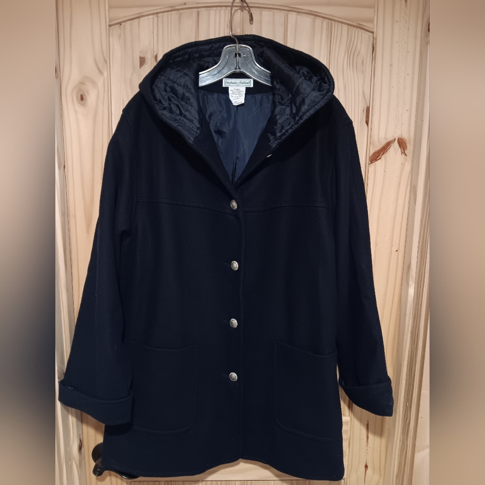 Stephanie Andrews Black 100% Wool Hooded Women's Coat Size L